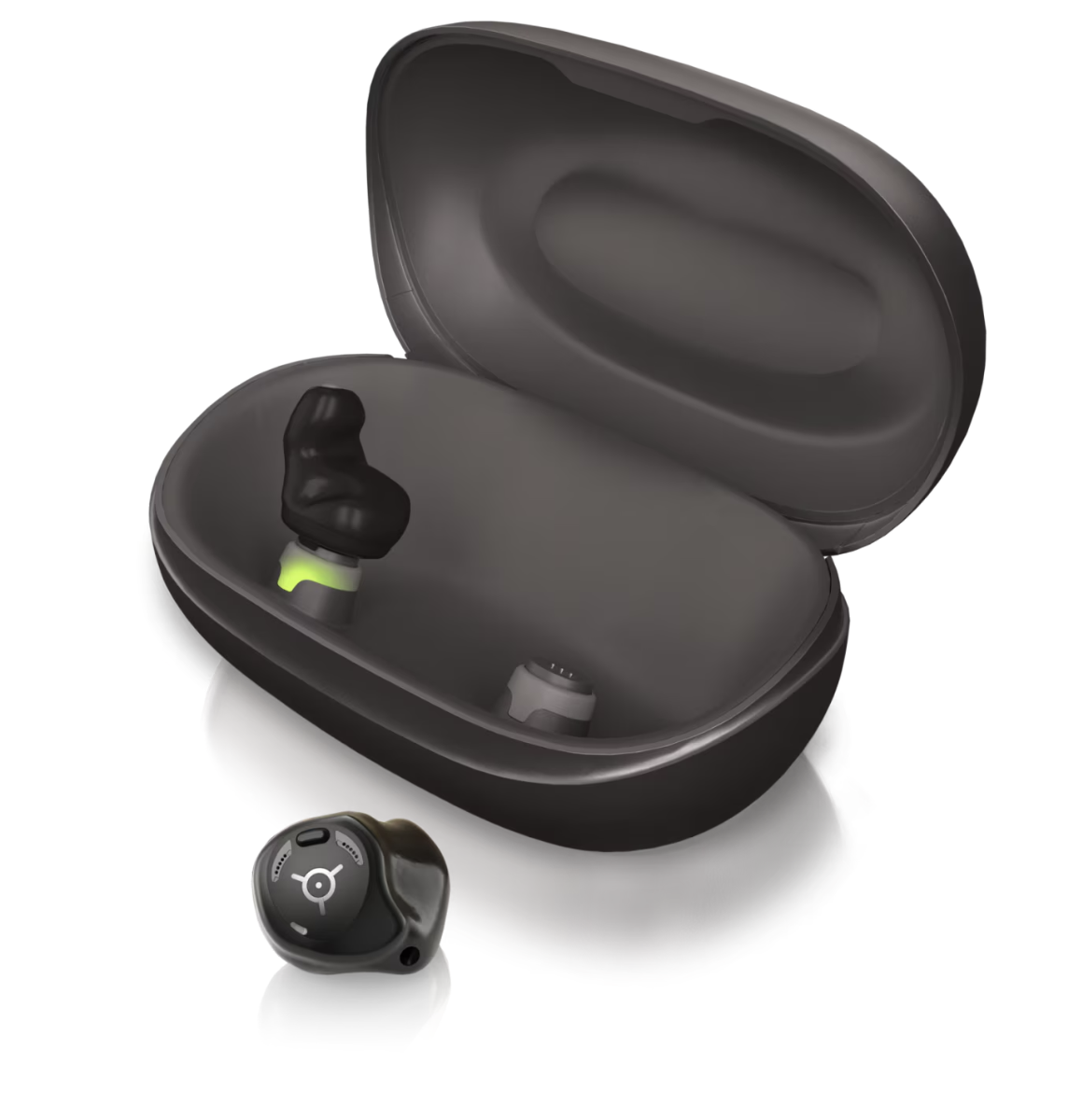 インセラS-R 左右の補聴器本体と専用マグネット充電器