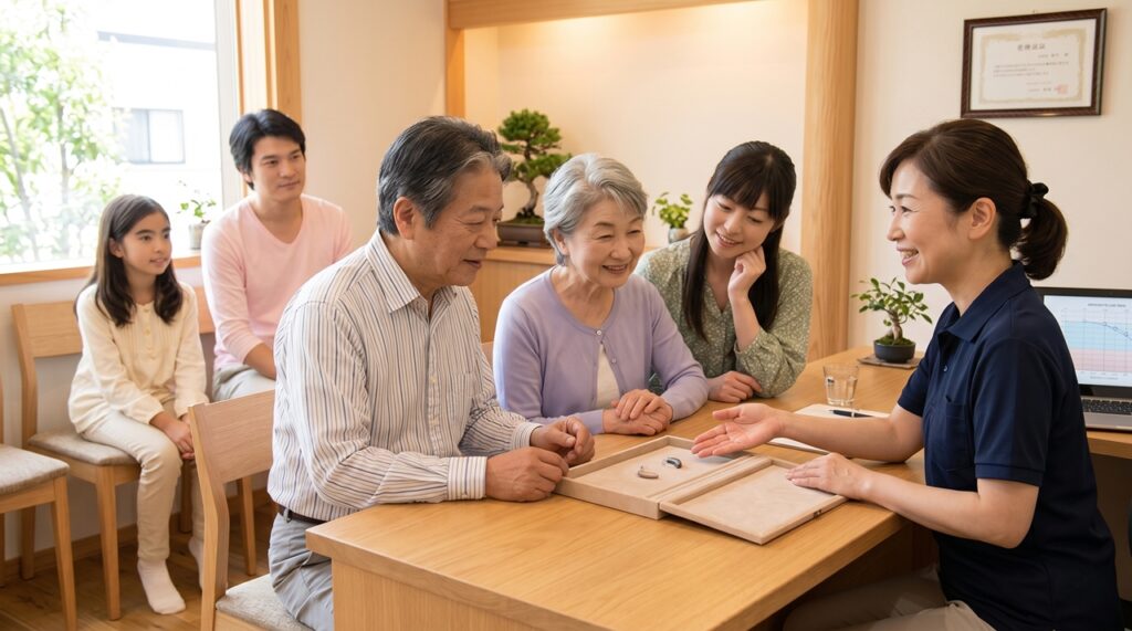 家族で補聴器相談をしているイメージ