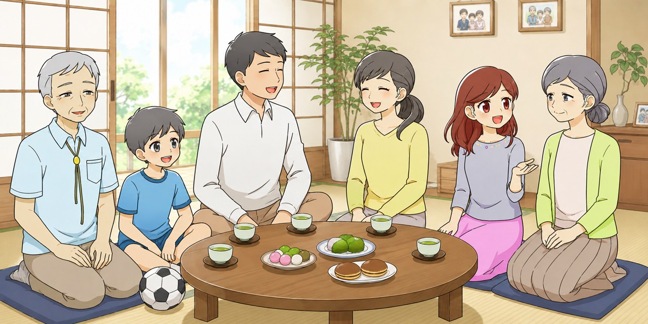 和室で家族7人が和菓子とお茶を囲んで団らんするイラスト。母・祖母・娘の3人が右耳に補聴器を装着
