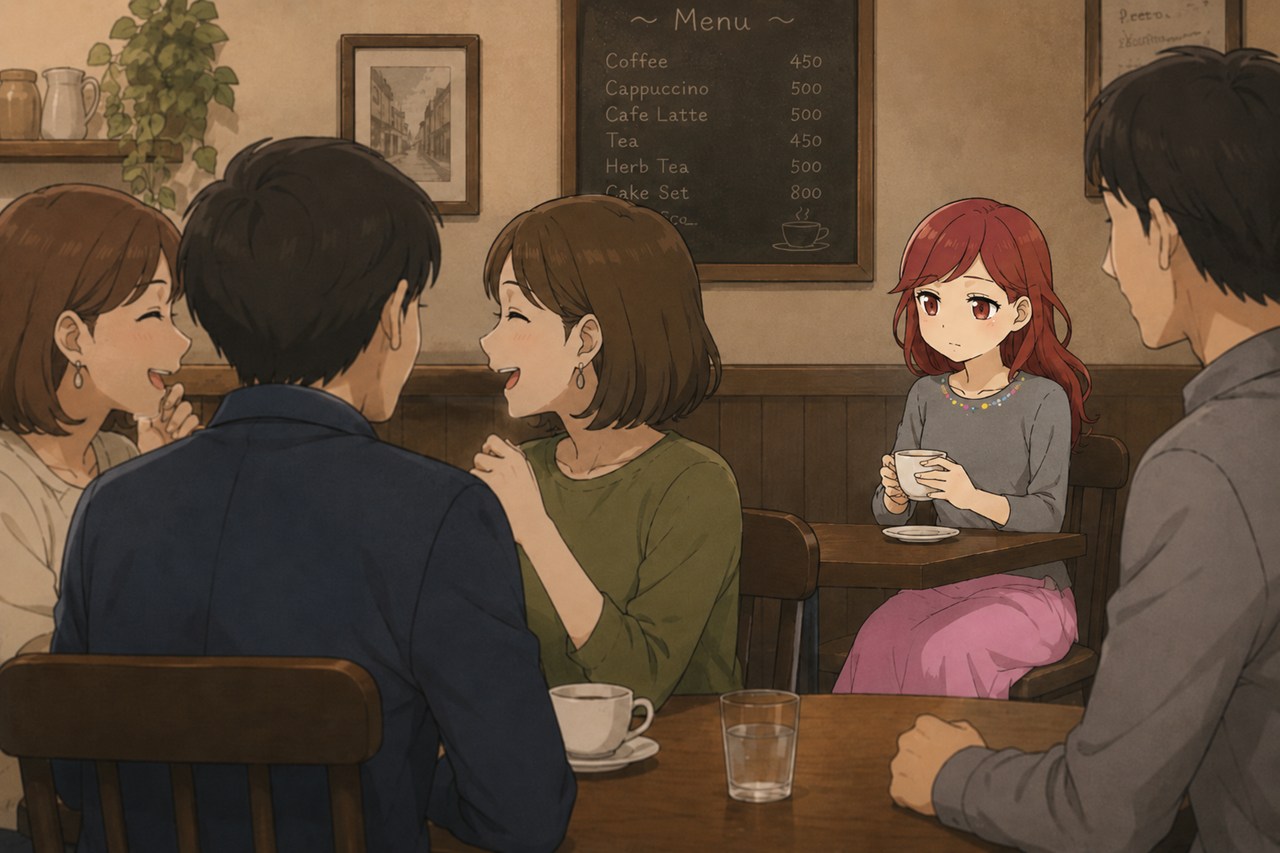 カフェで賑やかに談笑する人々の中、会話の輪に入れず寂しそうに座る女性のイラスト