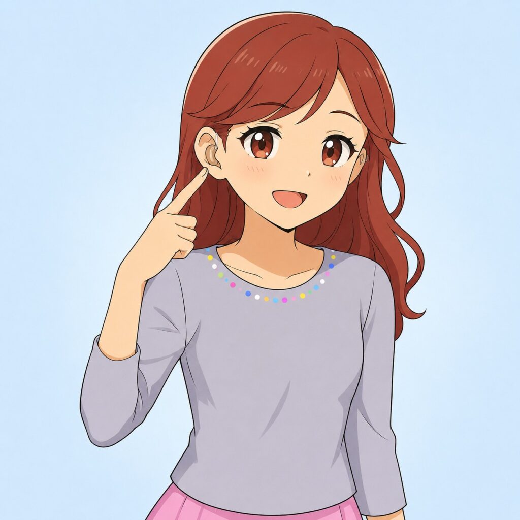 右耳に装着した補聴器を指差して紹介する女性のイラスト