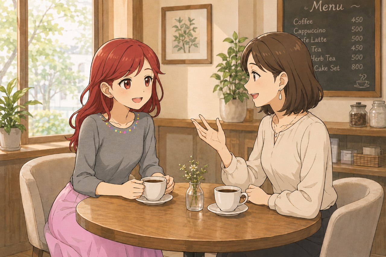 明るいカフェで友人と笑顔で会話を楽しむ女性のイラスト
