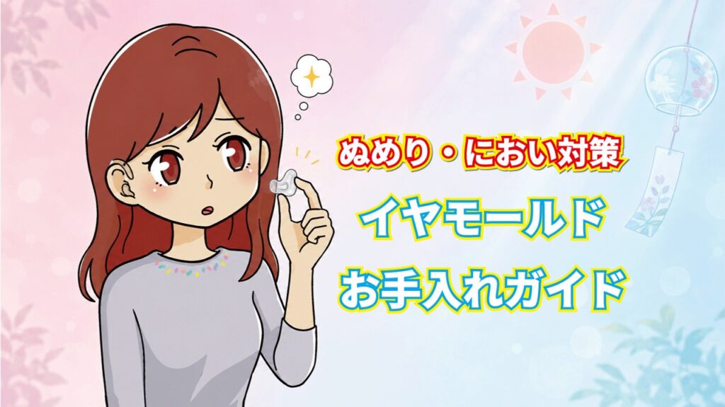 イヤモールドのお手入れガイド。イヤモールドを手にした美音ちゃんと夏のイメージ