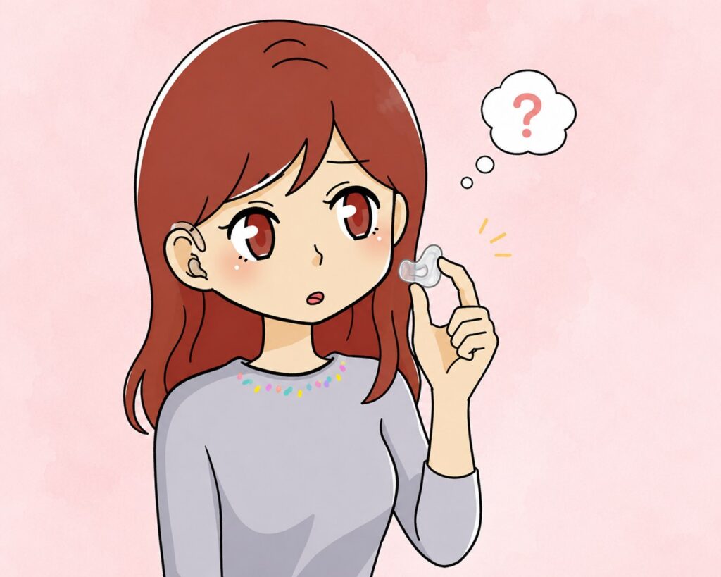 イヤモールドを手に「洗っていいの?」と考える女性キャラクター