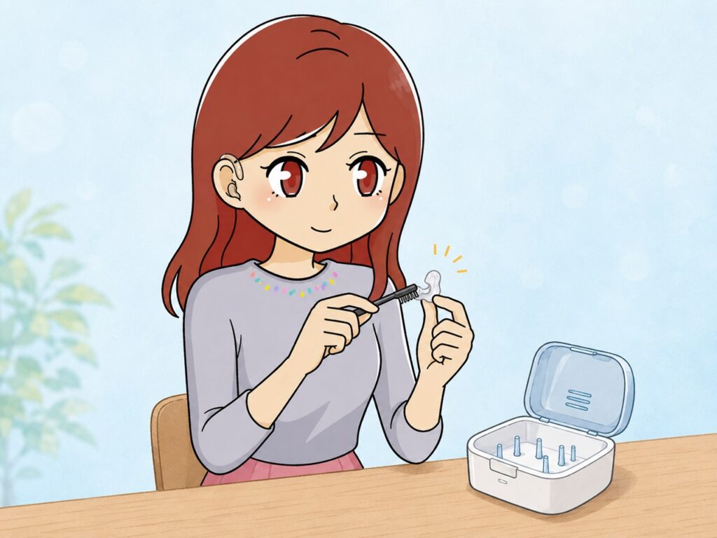 ブラシでイヤモールドを掃除する女性キャラクターと乾燥ケース