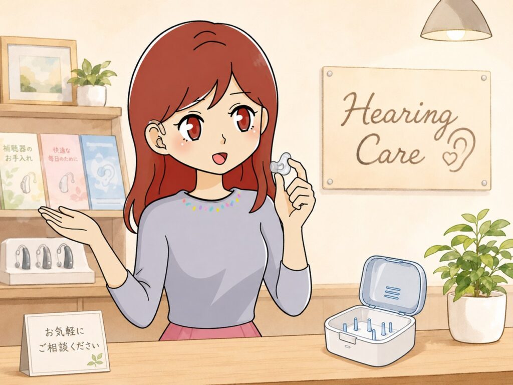 笑顔で来店相談を呼びかける女性キャラクターと補聴器店のカウンター