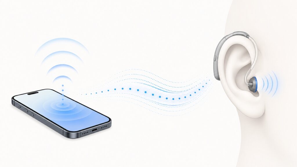ライブリスニング機能でiPhoneから補聴器に音声を送る図解