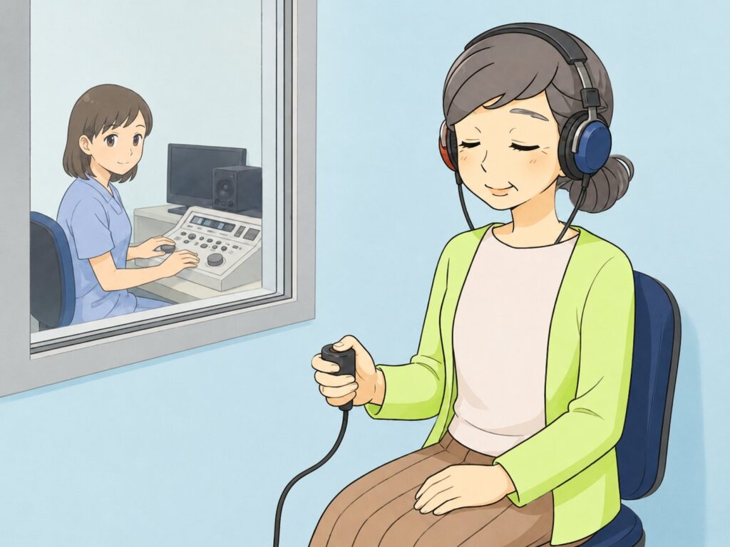 耳鼻咽喉科の防音室で聴力検査を受ける様子