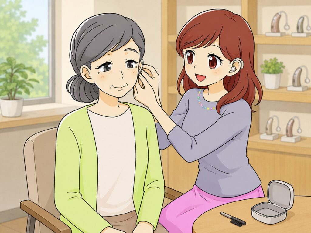 購入後に補聴器の調整・点検（アフターケア）を受ける様子