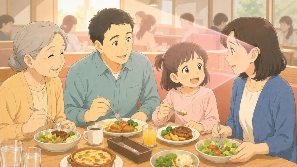 補聴器の指向性で家族3人の声にフォーカスし、周囲の騒音を抑えるイメージのイラスト