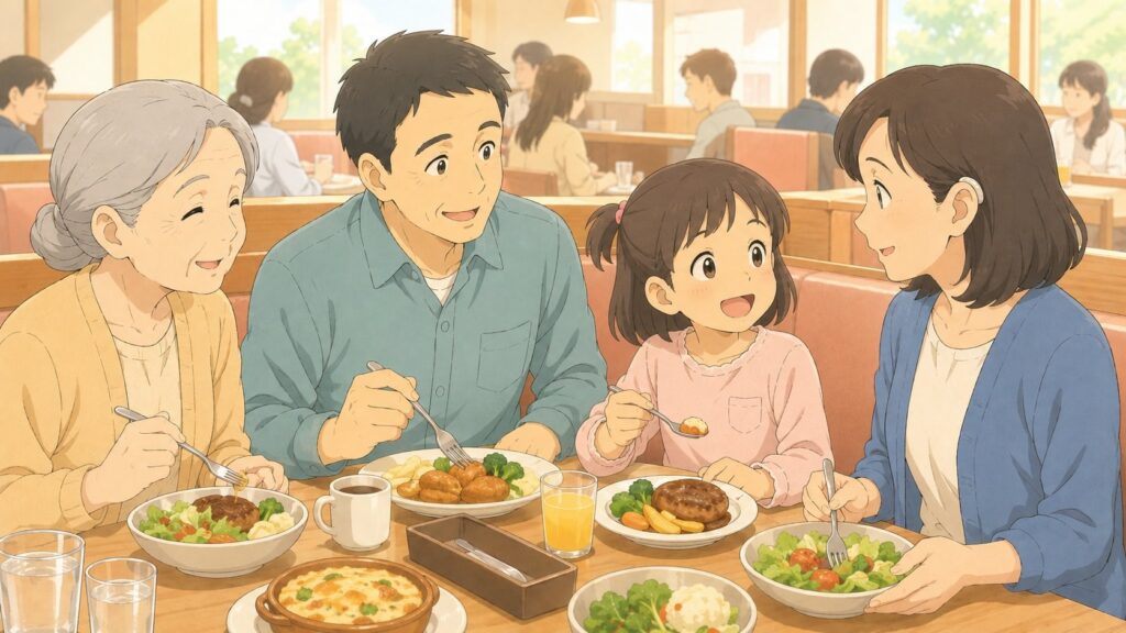 ファミレスで会話を楽しむ祖母・父・娘と、補聴器を装用した母親のイラスト