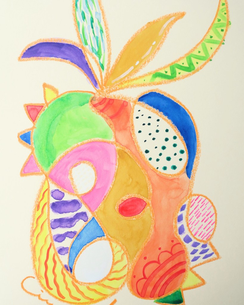臨床美術のワークショップで制作した、色鮮やかなぐるぐるパイナップルの絵