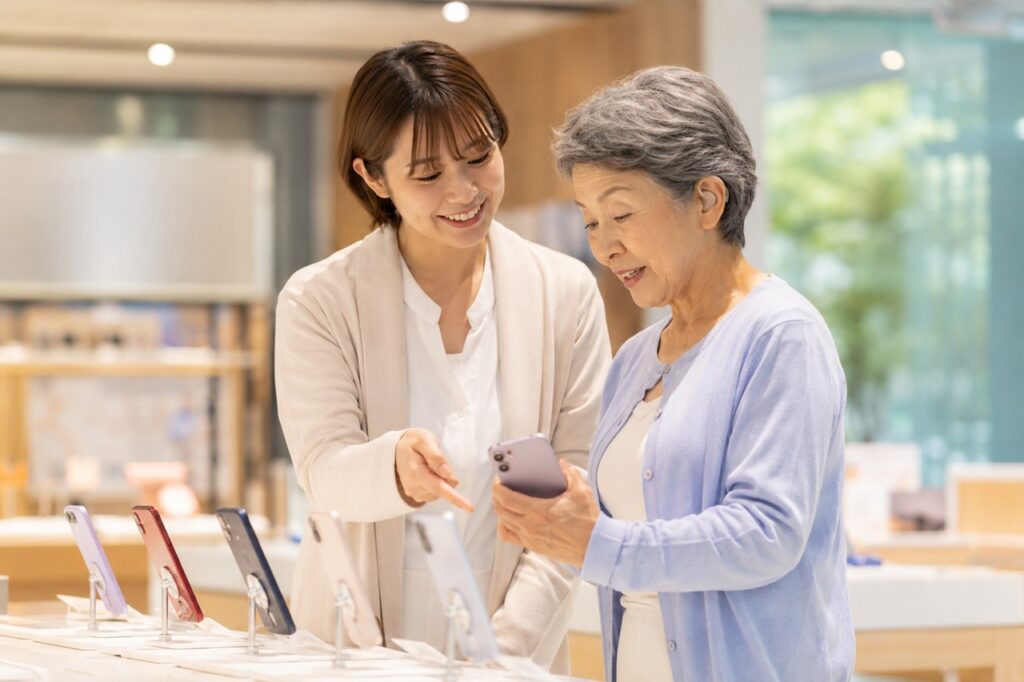 スマホショップで、補聴器を使う高齢の女性が若い女性と一緒にスマートフォンを選んでいる様子
